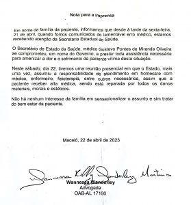 NOTA OFICIAL – FAMÍLIA DE PACIENTE DO HGE